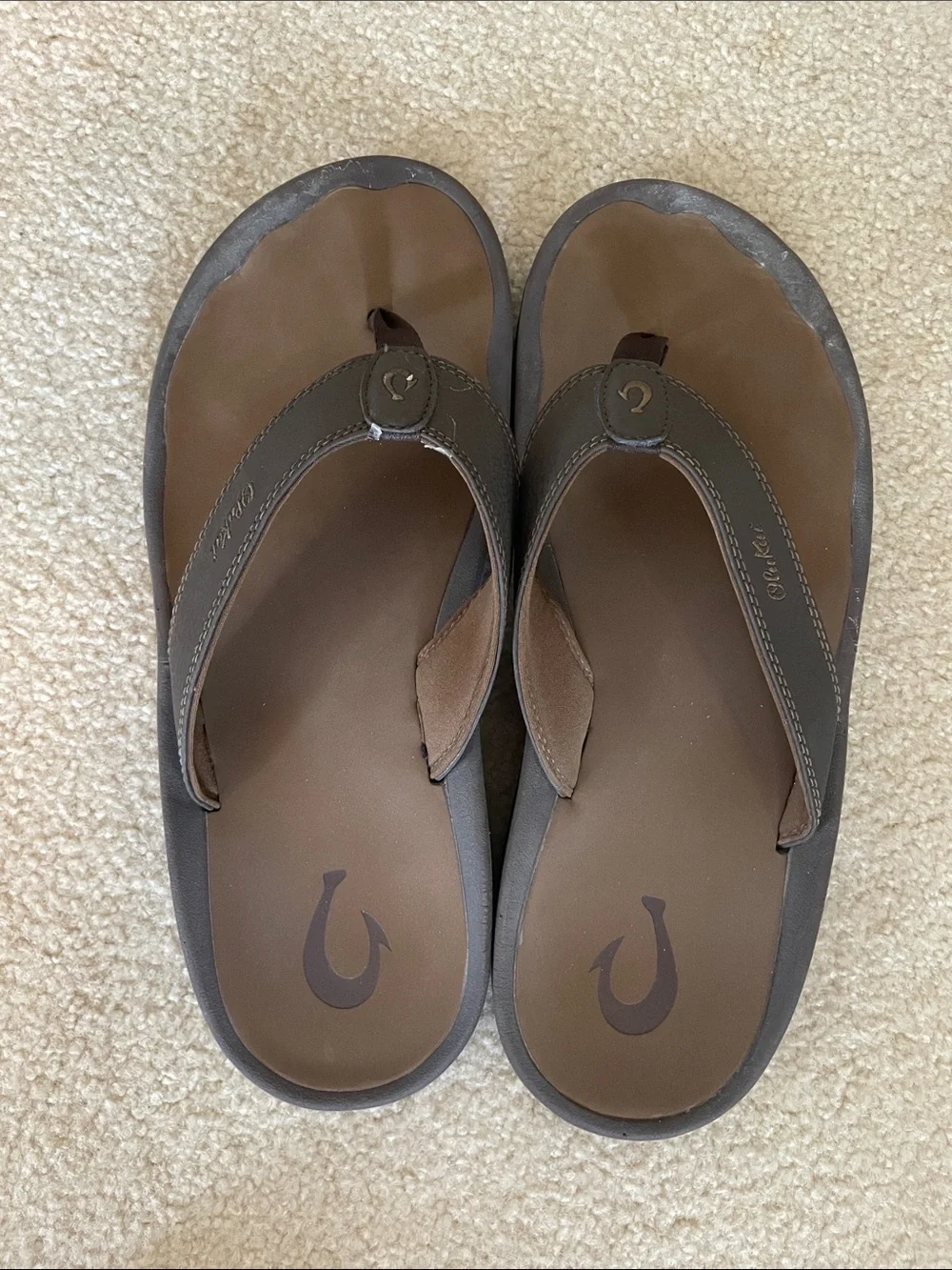 OluKai Brown Footbed with Gray Strap Leather Flip Flops